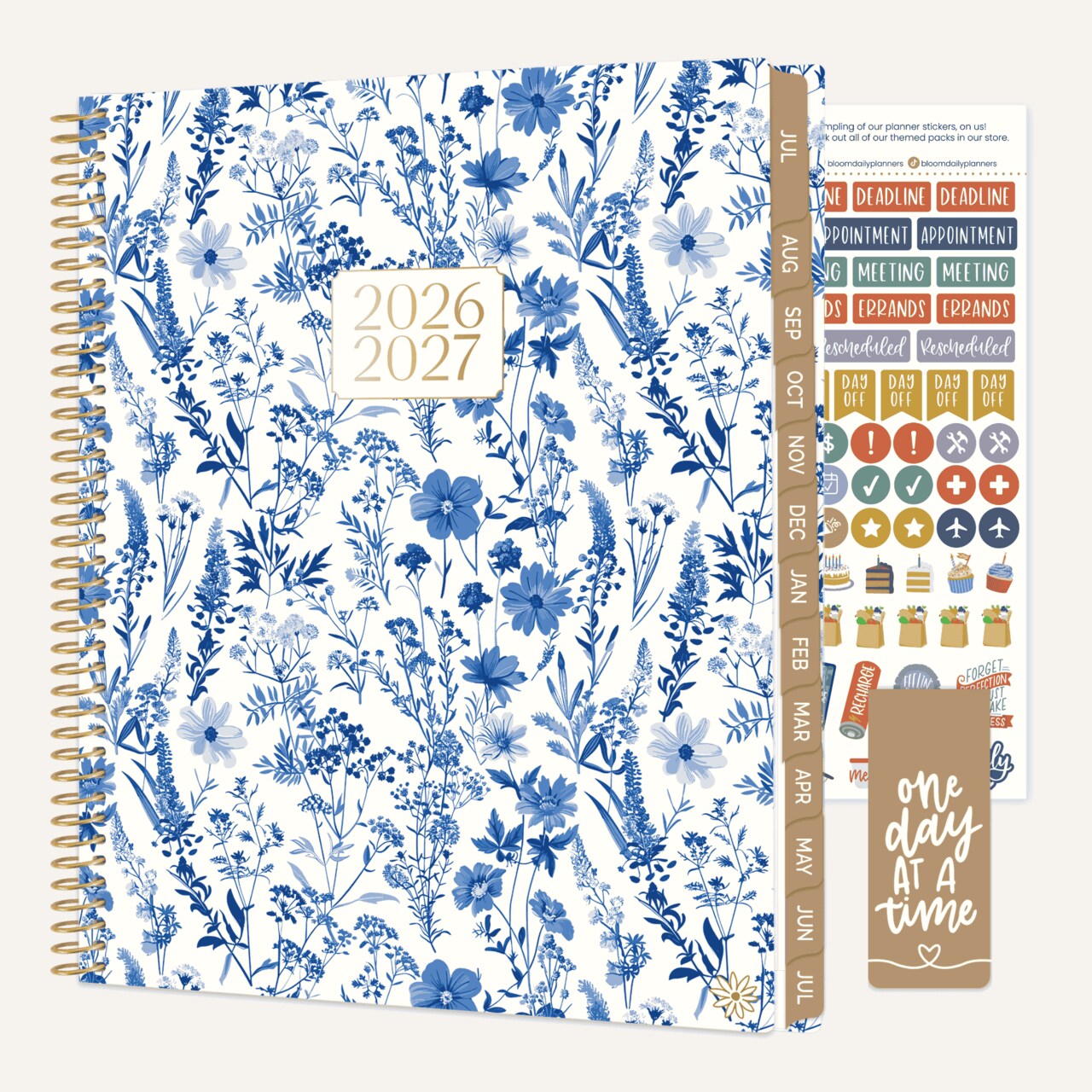 bloom daily planners 2026-2027 Academic Planner, 13 Month Soft Cover Monthly & Weekly, 8.5" x 11", Stickers Included, Blue & White Floral